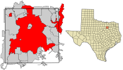 Lage von Dallas im Dallas County (links) und in Texas (rechts)