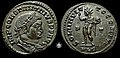 Konstantin der Große 307-337 als Sol invictus. Geprägt ca. 309-310 in Lugdunum. Sol stehend mit dem Gesicht nach rechts, rechte Hand erhoben, den Globus in der linken.