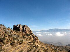A terraced side of one of the Haraz Mountains in Al Mahwit Governorate, near Jabal An-Nabi Shu'ayb, the highest peak in the Arabian Peninsula, near Sanaa in Yemen