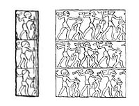 Nekhen ivory cylinder seal with impression of king smiting a captive (drawing)[29]