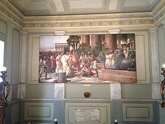 Presentation by the Egyptians of the severed head of Pompe Magnus to Julius Caesar, mural in Palazzo degli Elefanti, Catania