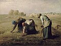 Three figures in a field in the act of gathering leftover crops