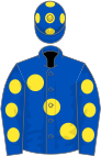 Royal blue, large yellow spots, spots on sleeves and cap