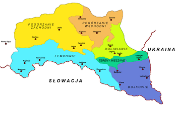 Ethnographic groups of southeasternmost Poland, Boykos in dark blue.