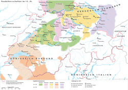 Feudal territories in Switzerland c. 1200. The territory of the house of Kyburg, including their terrories inherited from Lenzburg in 1173, is shown in yellow.