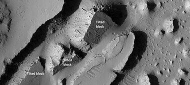 Tilted blocks as seen by HiRISE under HiWish program These blockls were formed horizonality, but have been tilted. Perhaps ice left the ground on one side.