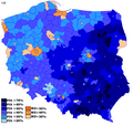Law and Justice's main support (dark blue). PiS has seen increased support in the 2019 Polish parliamentary election