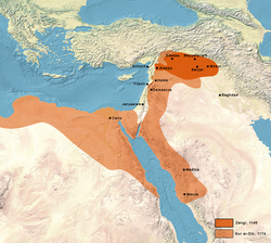 The Zengid state under Zengi in 1145, and expansion under Nur al-Din in 1174 CE.[1]