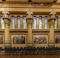 Egyptian inspiration/Egyptian Revival: Interior of the Temple maçonnique des Amis philanthropes, Brussels, Belgium, 1877–1879, by Adolphe Samyn, with the help of Ernest Hendrickx, J. De Blois and Alban Chambon