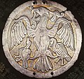 The other part of the pair of the silver hair decoration disk with motive of mythic Turul bird from a 10th century Hungarian cemetery (Found in Rakamaz, Hungary)