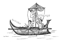 A small ship with a pointed bow and a upturned stern with three figures performing various tasks