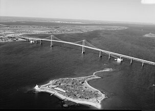 Aerial view of bridge and uninhabited Rose Island.