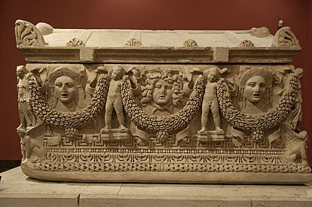 Roman mascarons on a sarcophagus, 2nd century, stone, Antalya Museum, Konyaaltı, Turkey
