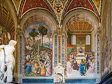 Frescos of Enea Silvio Piccolomini presenting Eleanora of Portugal to the emperor Frederick IIIand receiving the cardinal's hat in 1456