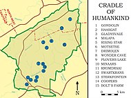 A map of the Cradle of Humankind with 15 blue dots indicating various fossil-bearing caves. Paranthropus is known from Kromdraai, Swartkrans, Sterkfontein, Gondolin, Cooper's, and Drimolen Caves