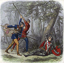 red-coated soldier lies half-prone propped against a tree with two other soldiers attacking with weapons against a forest background with a horse running off