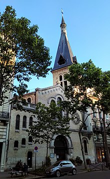 Exterior of the early 20th-c. church Saint-Antoine, with bell tower