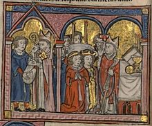 A crowned man and woman kneeling before a bishop.