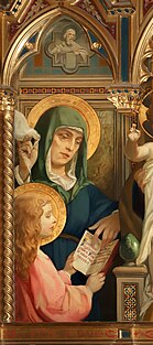 Left panel of triptych depicting Saint Anne teaching the young Virgin Mary how to read
