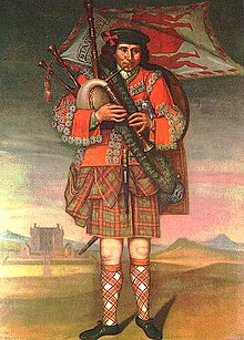 Stylized bagpiper in green-and-red tartan kilt, red-and-white tartan hose, red embroidered coat, dark bonnet with red cockade, and an armorial banner blowing behind him