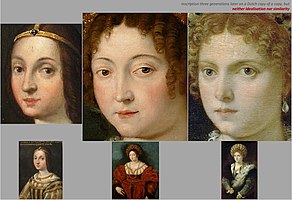 Collage aus drei Renaissanceporträts in Öl gemalt, die sich im unteren Bildbereich befinden, und ihre vergrößerten Gesichtsausschnitte im oberen Bildbereich.
