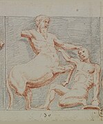 Ancient drawing of a fight between a man and a centaur.