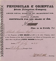 Aktie der Peninsular & Oriental Steam Navigation Company über 50 £, ausgestellt in London am 1. Juli 1845