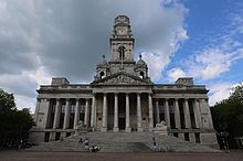A front-facing view of Portsmouth Guildhall and the surrounding civic offices