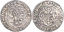 Schildiger Groschen Friedrichs IV. des Streitbaren aus der Münzstätte Gotha, geprägt nach dem Vorbild der ersten Ausgabe von 1405/1412. Dieser bildgleiche Schildgroschen wurde jedoch erst 1425/1428 geprägt.