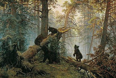 Savitsky painted the bears on Shishkin's landscape Morning in a Pine Forest (1886). Tretyakov Gallery