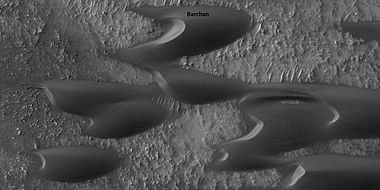 Close view of sand dunes, as seen by HiRISE under HiWish program. A birchen dune is labeled.