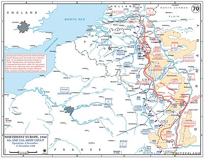 The map shows the results of the November offensive. Slight progress is made by the 12th Army Group around Aachen.