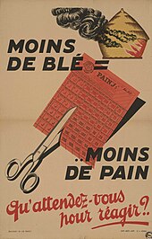 Poster showing a burning haystack and a sheet of ration tickets cut by scissors. Slogan: less wheat = less bread, what are you waiting for to act?