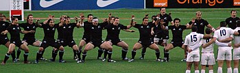 The New Zealand team lined up, with their arms raised to their side and palms facing down, mouths open in full voice, and eyes looking directly at their opponents opposite. The New Zealanders are wearing black shorts and socks, while squatting with knees bent and backs straight.