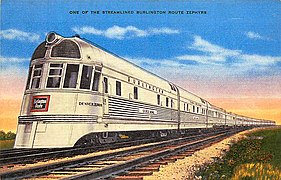 A colorized postcard showing a Silver King locomotive pulling 13 cars on the Burlington Route's Denver Zephyr (before 1956)