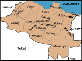 Map showing Ünye District in Ordu Province