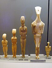 Collection of marble figurines of varying sizes. Early Cycladic II period, Keros-Syros Culture, 2800-2300 BC. National Archaeological Museum, Athens