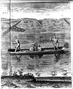 Amerikanische Ureinwohner mit Einbäumen beim Fischen in der englischen Kolonie Virginia. (Stich von Theodor de Bry 1585 nach einem Aquarell von John White)