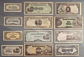 Japanese Government Asian banknotes distributed during the World War II, specifically to the Philippines.