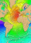 Ausbreitung des Tsunamis. Rot: 1–4 h, gelb: 5–6 h, grün: 7–14 h, blau: 15–21 h