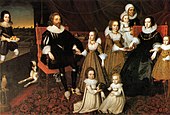 The Lucy family, English c. 1625. Two boys at the front, plus one with his mother, holding a bow as tall as himself. The baby with the nurse may be a boy.