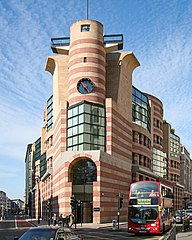 Stripes on facades – No 1 Poultry, London, by James Stirling (designed in 1988 but built in 1997)[46]