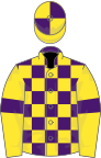 Purple and yellow check, yellow sleeves, purple armlet, quartered cap