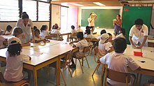 A classroom with schoolchildren and teachers