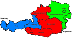 Regionalligaeinteilung: Grün = Ost, Rot = Mitte, Blau = West