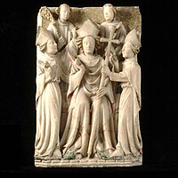 St Thomas Becket enthroned as Archbishop of Canterbury from a Nottingham alabaster in the Victoria & Albert Museum