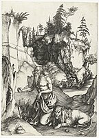 Jerome Penitent in the Wilderness. Copper engraving, Albrecht Dürer 1494–1498
