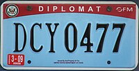 U.S. diplomatic license plate of the style issued since 2007, using same die set used on Virginia plates
