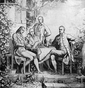 Friedrich Schiller, Wilhelm und Alexander von Humboldt und Johann Wolfgang von Goethe am Steintisch in Schillers Garten (Andreas Müller)