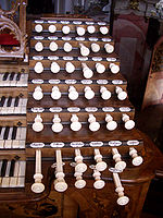 Stop knobs of the Baroque organ in Weingarten, Germany